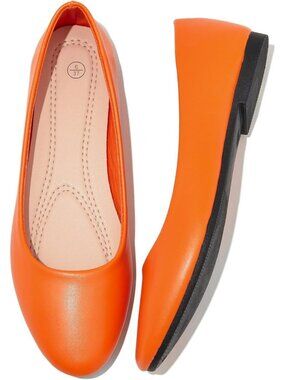Women's Orange PU Leather Ballet Flat Slip on Casual Loafers Comfort Dress Shoes